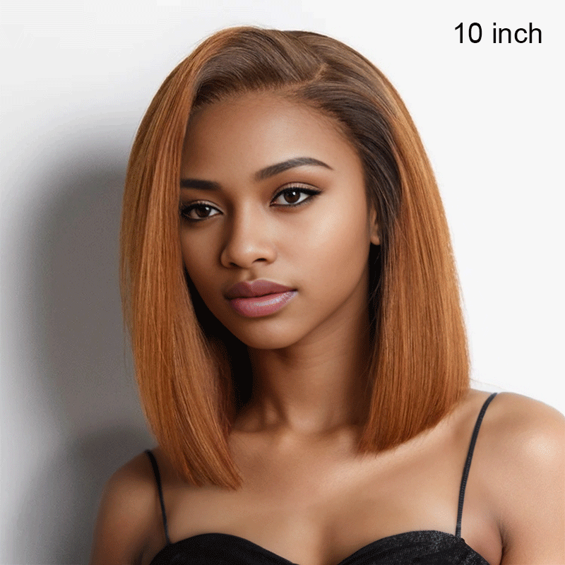 black woman wear 9x6 Glueless Ginger Ombre Blunt Cut Smooth Bob Wig