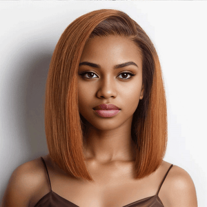 black woman wear 9x6 Glueless Ginger Ombre Blunt Cut Smooth Bob Wig