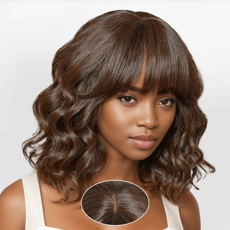 HJ weave beauty hair Glueless Cute Brown Color Loose Wavy Bob Wig With Bangs