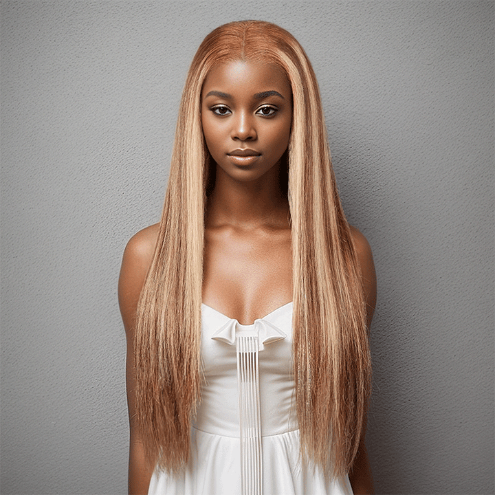 black woman wear 9x6 Glueless Blonde Highlight Wig Straight Human Hair