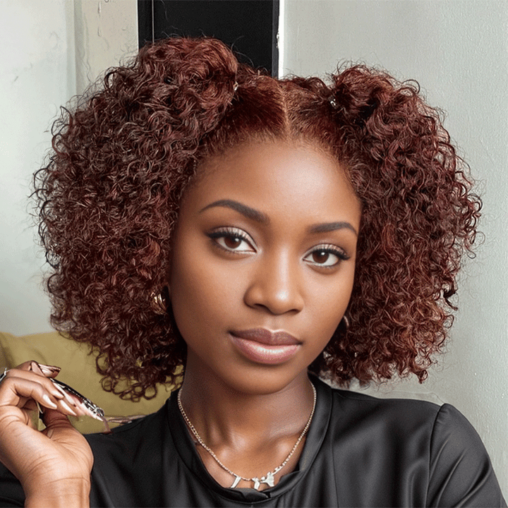 black woman wear 9x6 Glueless Dark Reddish Brown Bob Curly Wig