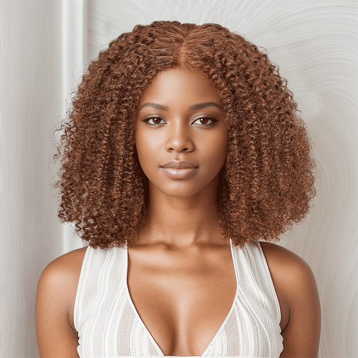 black woman wear 9x6 Glueless Chocolate Brown Bob Kinky Curly Wig