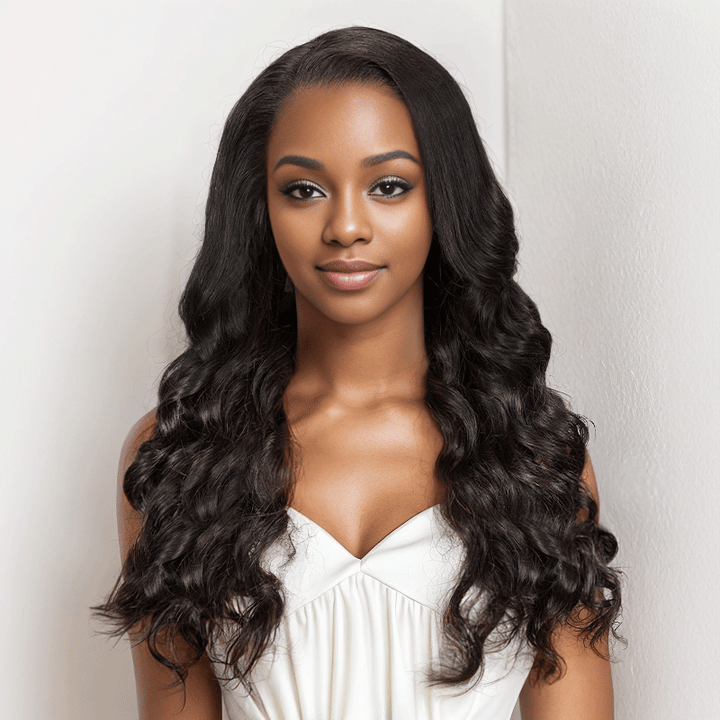 black woman wear 9x6 Glueless C Part Pre-bleached Body Wave Wear Go Glueless Wig