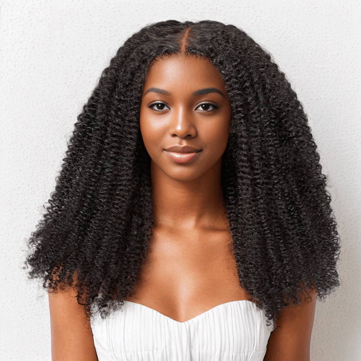 black woman wear 9x6 Glueless Kinky Curly Lace Pre-Cut Glueless Wig