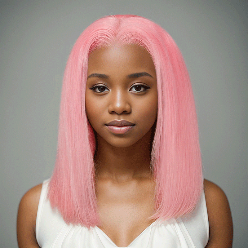 black woman wear 13x4 Bob Wig Pink Color Lace Frontal Human Hair