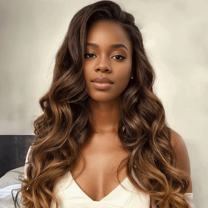 black woman wear 9x6 Glueless Ombre Brown Preplucked Loose Body Wave Wig