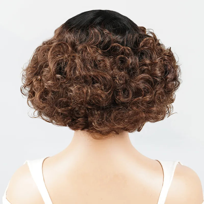  Glueless 3 Color Styled Bouncy Curls 99j/Highlight Brown Bob Wig