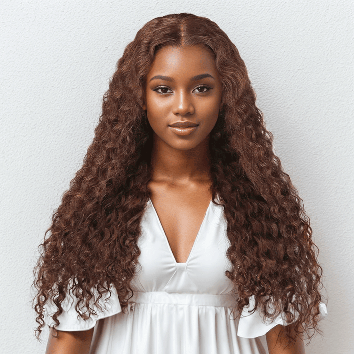 black woman wear 9x6 Glueless Pre-All Chocolate Brown Color Curly Wig