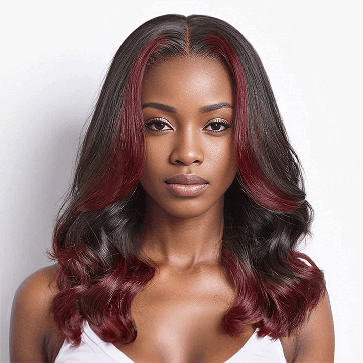 black woman wear 9x6 Glueless Dark Red Color Highlight Loose Wave Wig