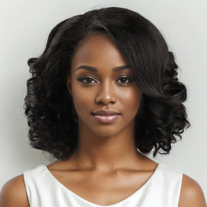 black woman wear 13x4 Bounce Bob Pink Curly Lace Front Human Hair Wig