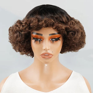  Glueless 3 Color Styled Bouncy Curls 99j/Highlight Brown Bob Wig