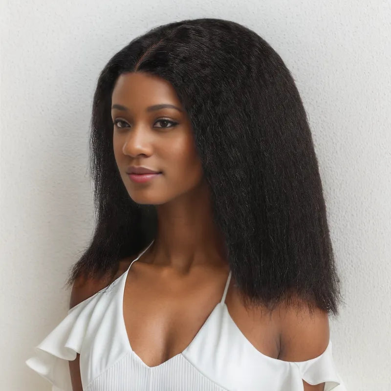 black woman wear 13x4 Afro Kinky Straight Minimalist Bob Lace Front Human Hair Wig