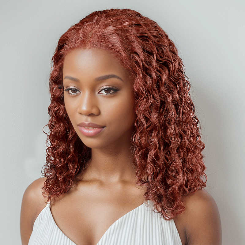 black woman wear 9x6 Glamor Glueless Red Brown Bob Curly Wig