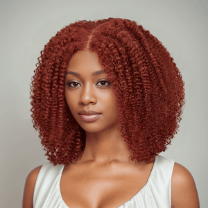 black woman wear 9x6 Glueless Bob Reddish Brown Kinky Curly Wig