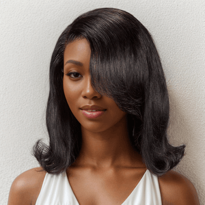 black woman wear 9x6 Cute Glueless Cut Layered Bob Wig Wavy