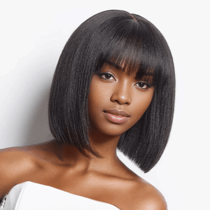 black woman wear Glueless Yaki Straight Bob Wig