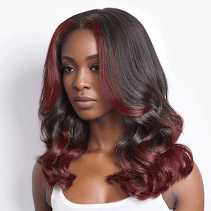 black woman wear 9x6 Glueless Dark Red Color Highlight Loose Wave Wig