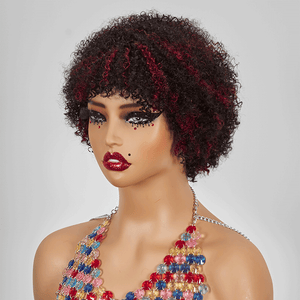 Glueless Afro Red Highlight Kinky Curly Short Bob Pixie Wig