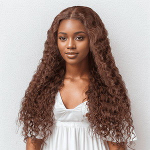 black woman wear 9x6 Glueless Pre-All Chocolate Brown Color Curly Wig