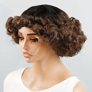  Glueless 3 Color Styled Bouncy Curls 99j/Highlight Brown Bob Wig