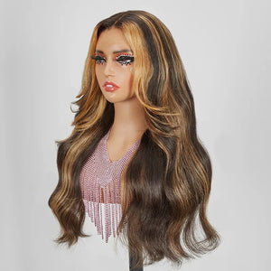 9x6 Glueless Fringe Layered Blonde Highlight Body Wavy Wig