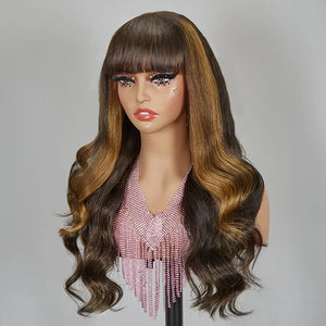 Glueless Brown Highlight Brazilian Body Wave Bangs Wig