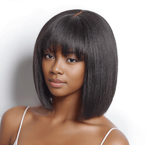 black woman wear Glueless Yaki Straight Bob Wig