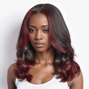 black woman wear 9x6 Glueless Dark Red Color Highlight Loose Wave Wig