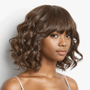 HJ weave beauty hair Glueless Cute Brown Color Loose Wavy Bob Wig With Bangs