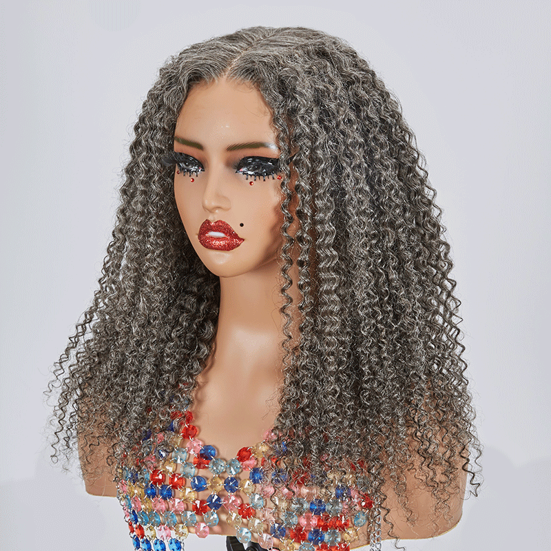 7x5 Glueless Bouncy Kinky Curly Color Salt & Pepper Wig