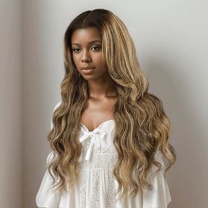 black woman wear 9x6 Glueless Ombre Highlight Bleached Knots Body Wave Wig