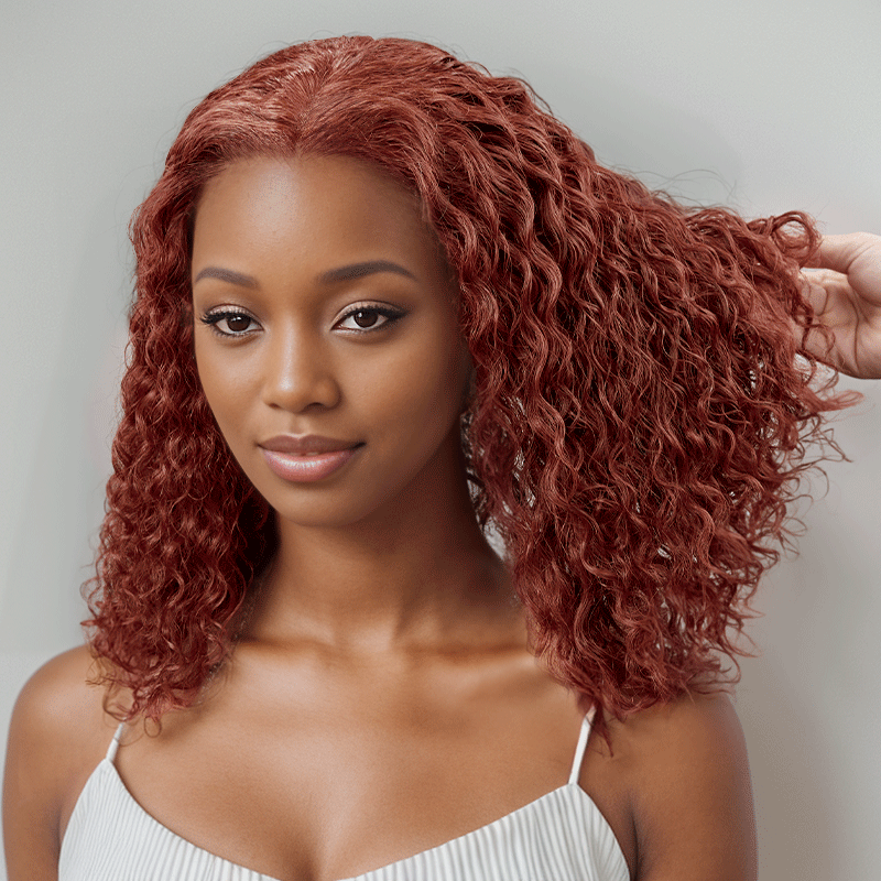 black woman wear 9x6 Glamor Glueless Red Brown Bob Curly Wig