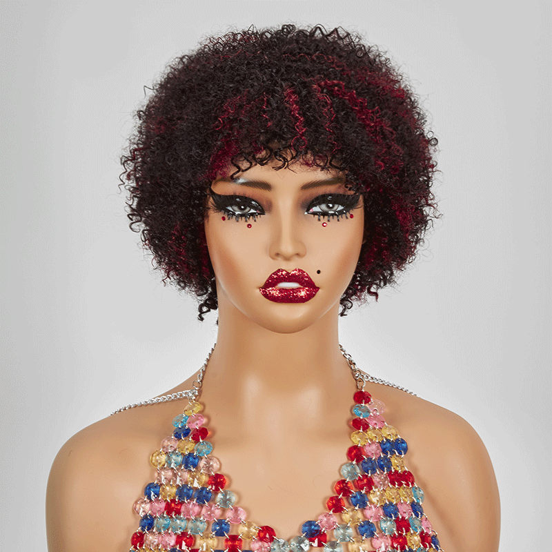 Glueless Afro Red Highlight Kinky Curly Short Bob Pixie Wig