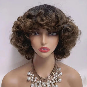 Glueless 3 Color Styled Bouncy Curls 99j/Highlight Brown Bob Wig