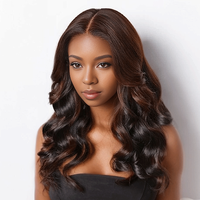 black woman wear 9x6 Glueless Peekaboo Bronze Brown Bob Wig Loose Body Wave