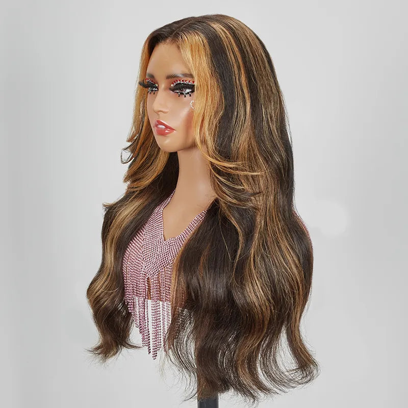 9x6 Glueless Fringe Layered Blonde Highlight Body Wavy Wig