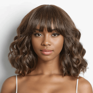 HJ weave beauty hair Glueless Cute Brown Color Loose Wavy Bob Wig With Bangs