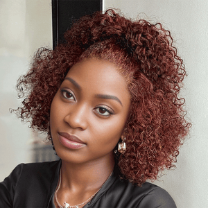 black woman wear 9x6 Glueless Dark Reddish Brown Bob Curly Wig