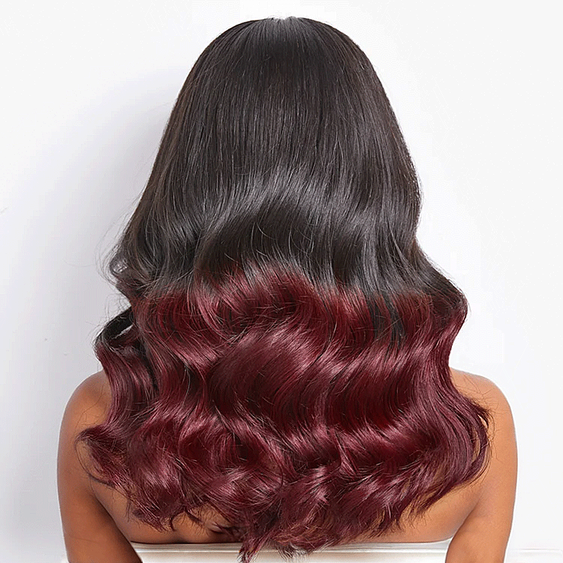 black woman wear 9x6 Glueless Dark Red Color Highlight Loose Wave Wig