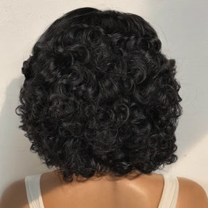 black woman wear 13x4 Bounce Bob Pink Curly Lace Front Human Hair Wig