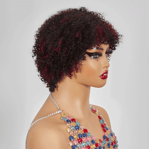 Glueless Afro Red Highlight Kinky Curly Short Bob Pixie Wig