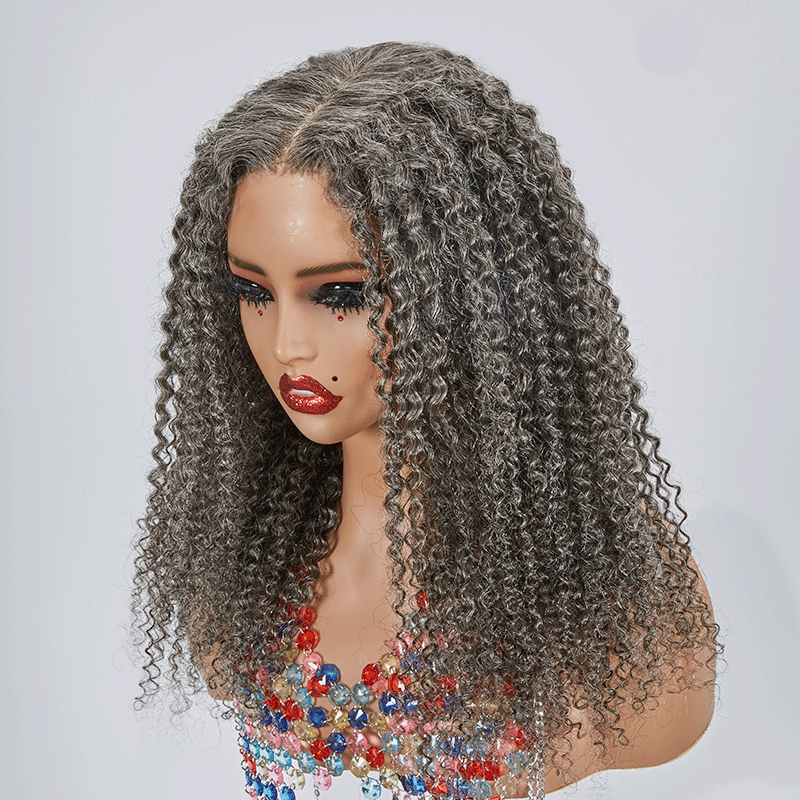 7x5 Glueless Bouncy Kinky Curly Color Salt & Pepper Wig