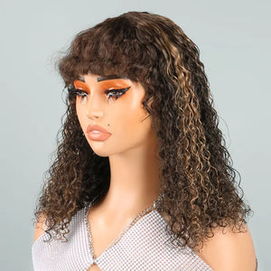 Glueless Ombre Highlight Bob Curly With Kinky Bangs Wig