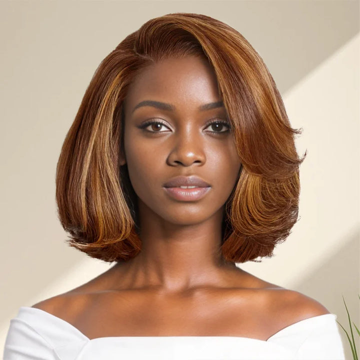 black woman wear 9x6 Layer C Part Glueless Caramel Brown Blonde Mixed/Natural Bob Wig