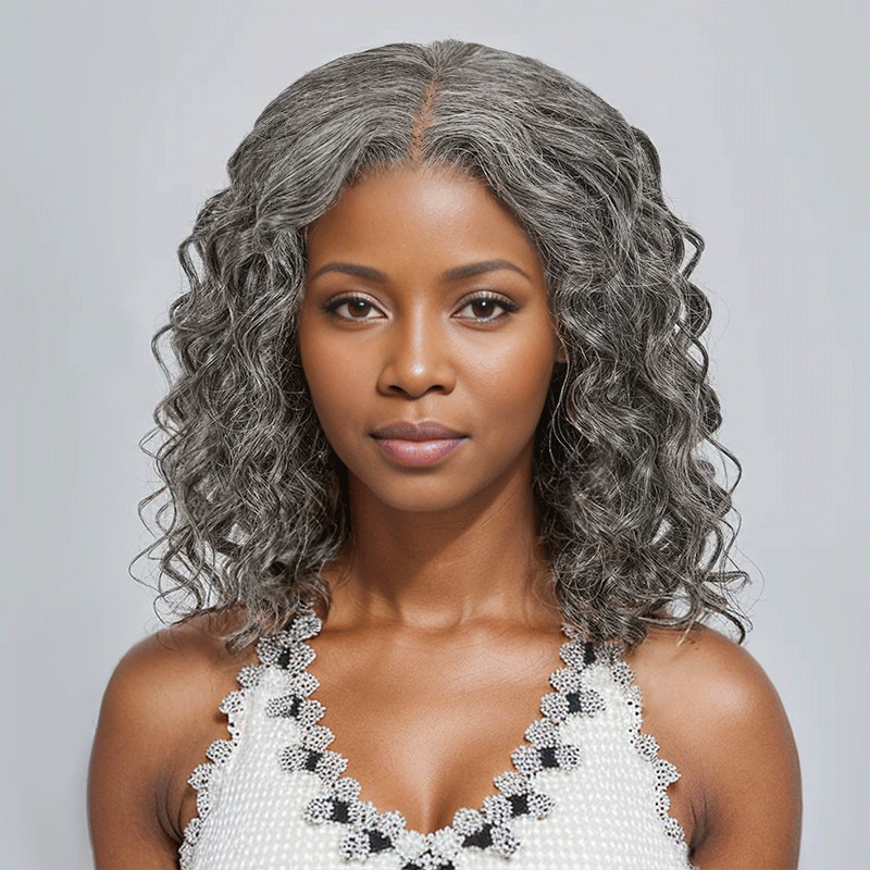 black woman wear 7x5 Glueless Color Salt & Pepper Bob Wig Water Wave