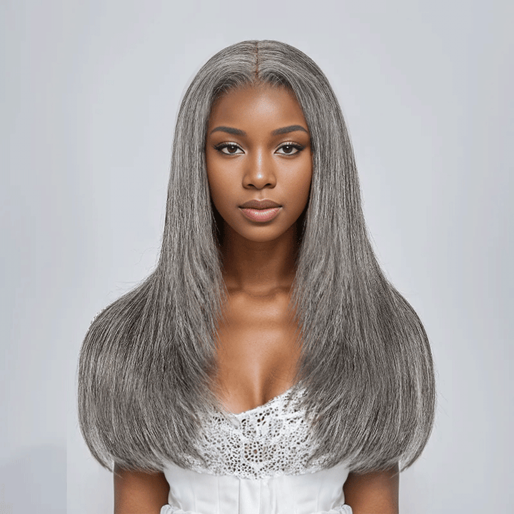 black woman wear 7x5 Glueless Sleek Salt & Pepper Color Straight Wig