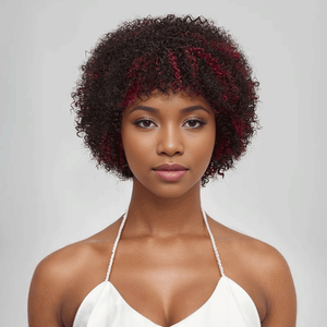 black woman wear Glueless Afro Red Highlight Kinky Curly Short Bob Pixie Wig