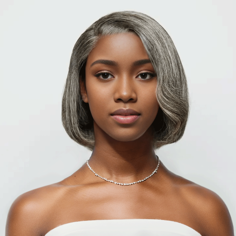 black woman wear 7x5 Glueless Bob Wavy With Side Parting Salt & Pepper Wig