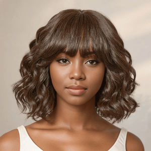 HJ weave beauty hair Glueless Cute Brown Color Loose Wavy Bob Wig With Bangs