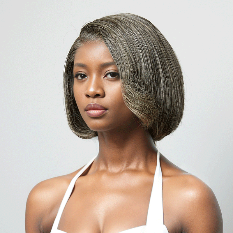 black woman wear 7x5 Glueless Bob Wavy With Side Parting Salt & Pepper Wig